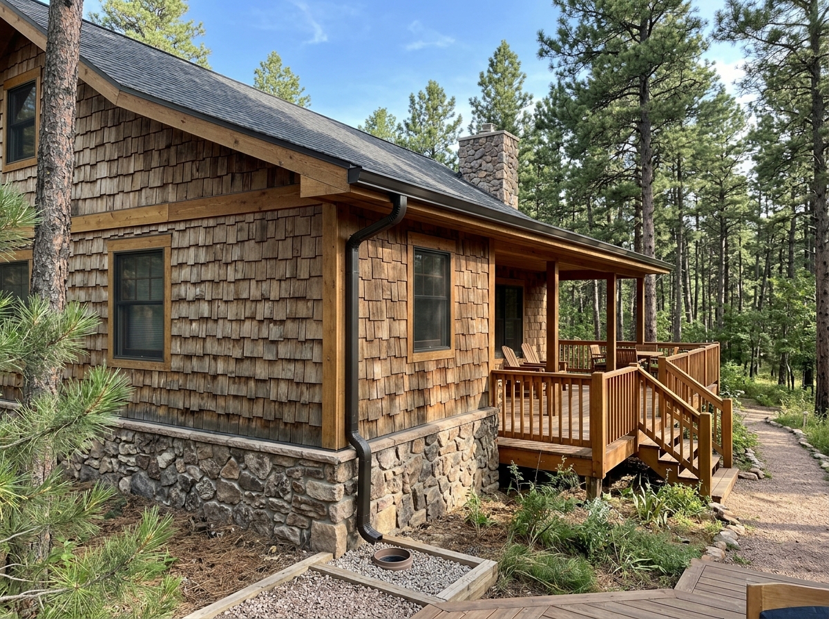 Cabin gutters + guards — Seamless Gutters project in Spearfish Canyon, SD