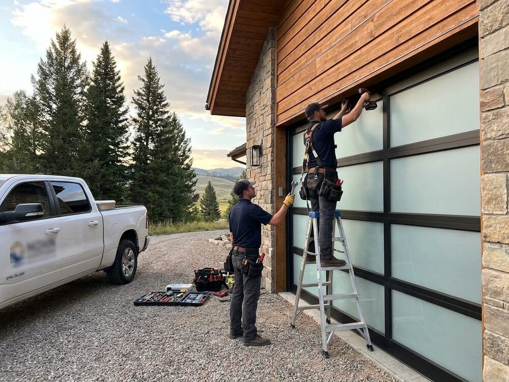 Two-person crew installing a new garage door on a residential home